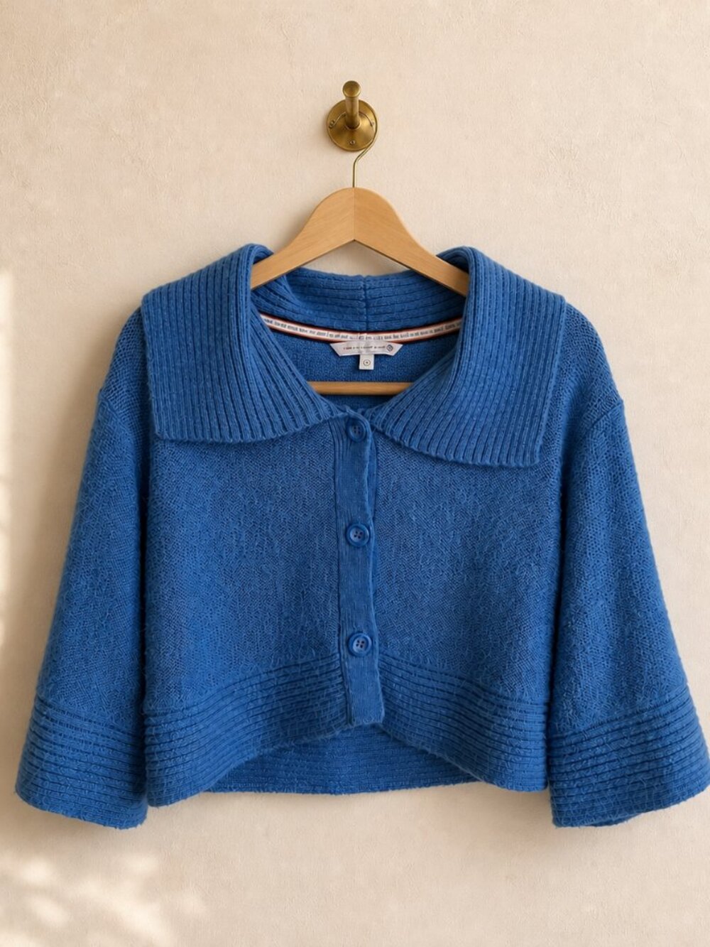 FatFace Alpaca Wool Crop Cardigan Campanula Blue Statement Collar UK 12